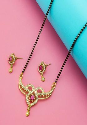 Gold Plated Black And White Ad Studded And Beaded Mangalsutra With Earrings