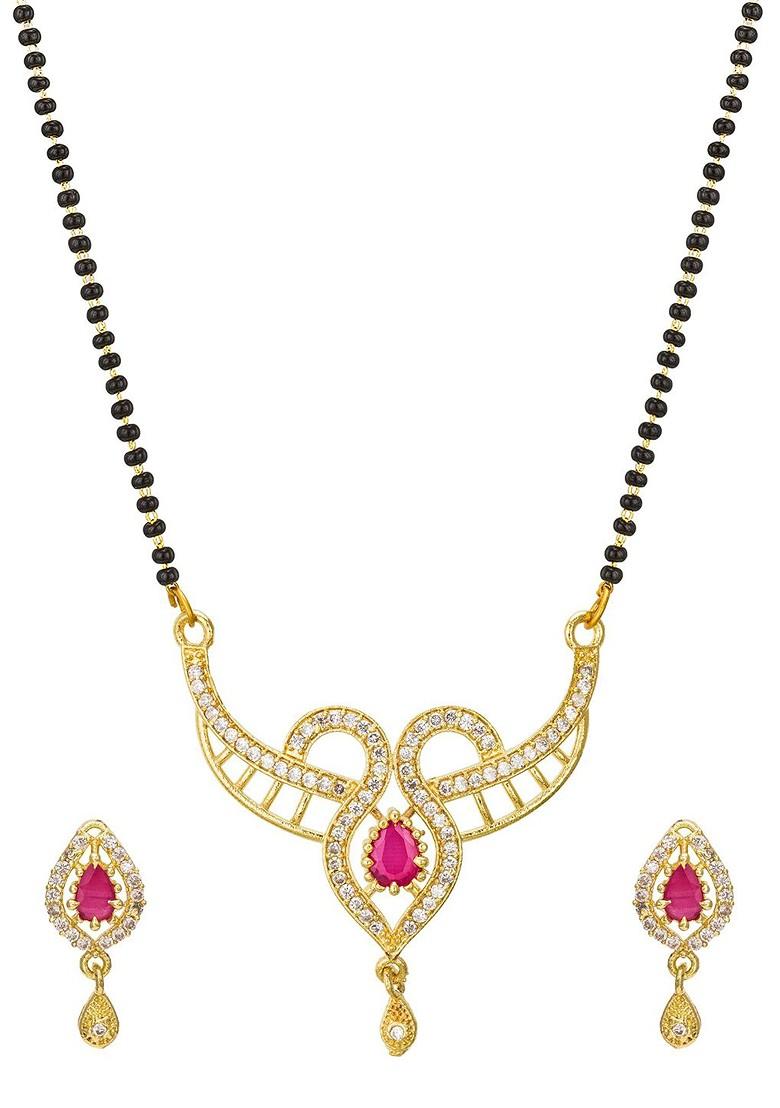 Gold Plated Black And White Ad Studded And Beaded Mangalsutra With Earrings
