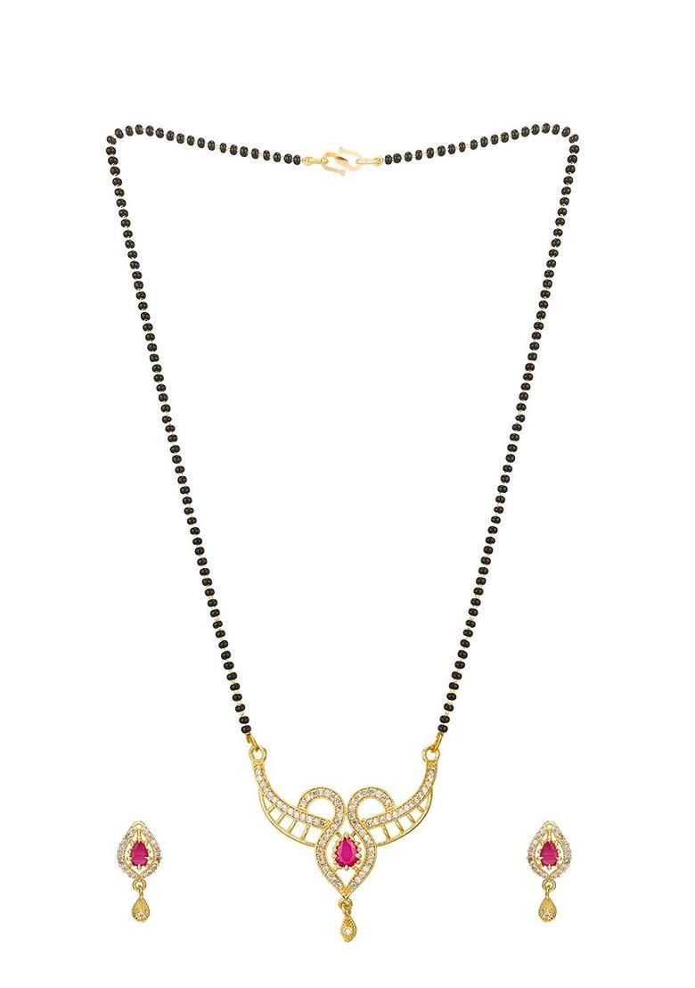 Gold Plated Black And White Ad Studded And Beaded Mangalsutra With Earrings