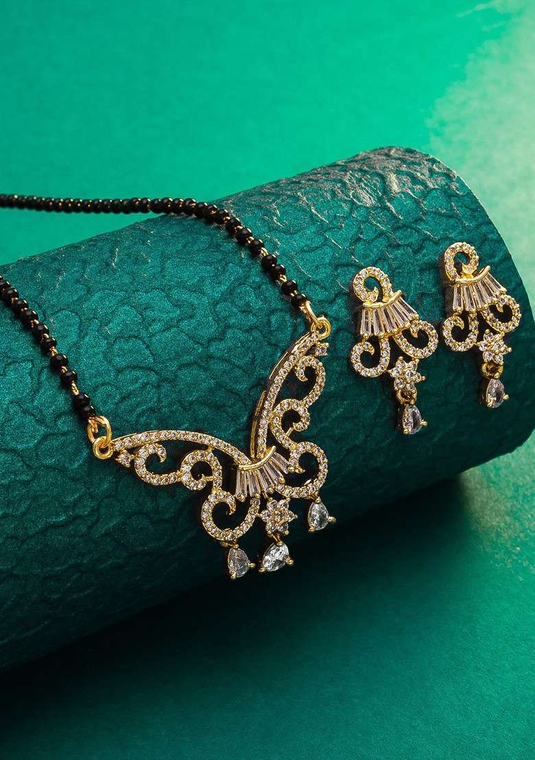 Gold Plated Black And White Ad Studded And Beaded Mangalsutra With Earrings - Indya