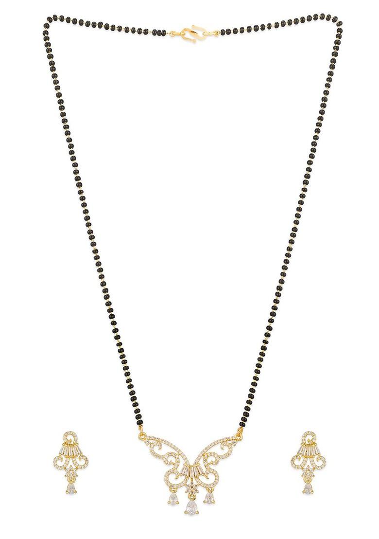 Gold Plated Black And White Ad Studded And Beaded Mangalsutra With Earrings