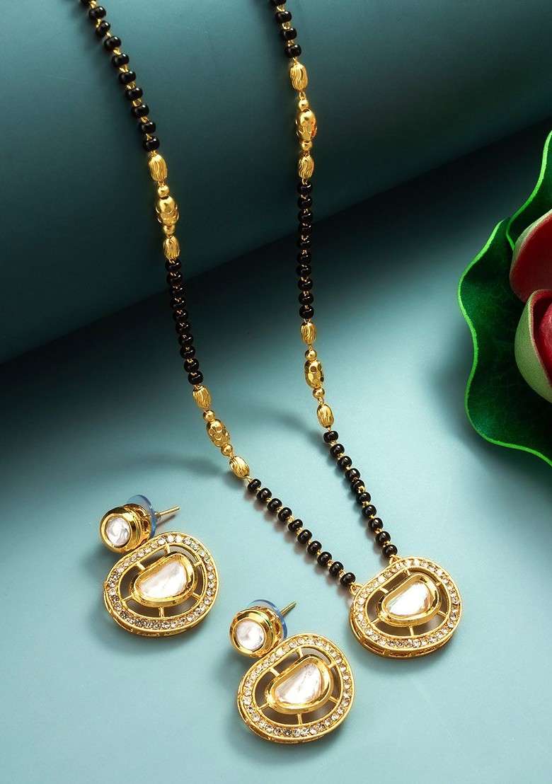Gold Plated Kundan Stone Studded And Beaded Mangalsutra - Indya