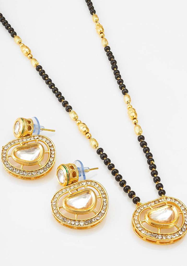 Gold Plated Kundan Stone Studded And Beaded Mangalsutra - Indya