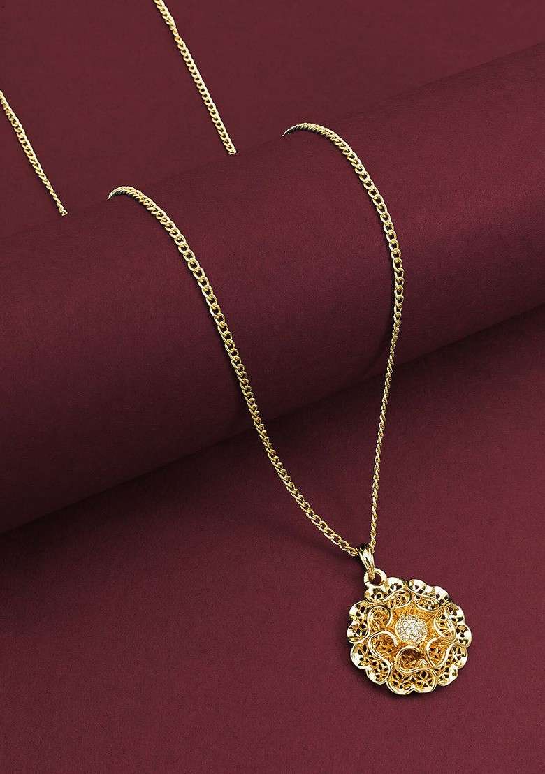 Gold Plated Stone Studded Pendant With Chain - Indya