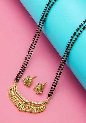 Gold Plated Black And White Ad Studded And Beaded Mangalsutra With Earrings