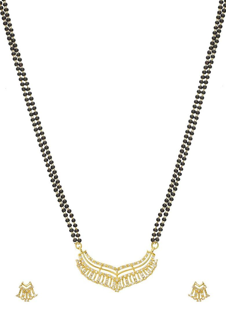 Gold Plated Black And White Ad Studded And Beaded Mangalsutra With Earrings
