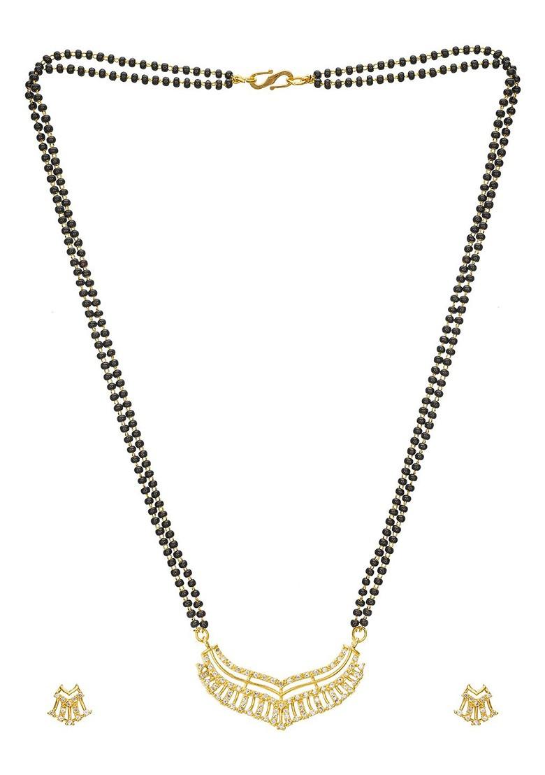 Gold Plated Black And White Ad Studded And Beaded Mangalsutra With Earrings