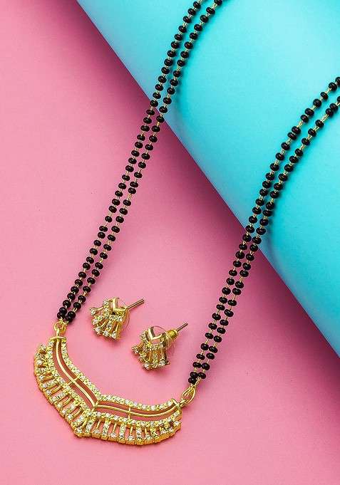 Gold Plated Black And White Ad Studded And Beaded Mangalsutra With Earrings