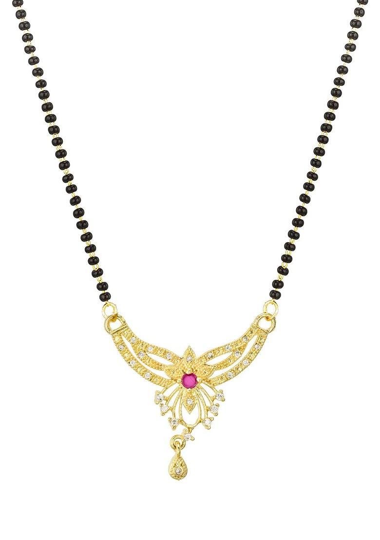 Woman Gold Plated Black Beaded And White Stone Studded Mangalsutra