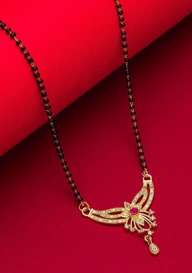 Woman Gold Plated Black Beaded And White Stone Studded Mangalsutra