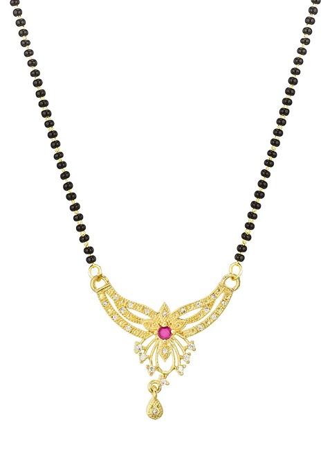 Woman Gold Plated Black Beaded And White Stone Studded Mangalsutra