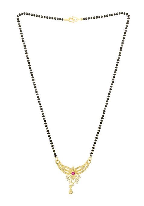 Woman Gold Plated Black Beaded And White Stone Studded Mangalsutra