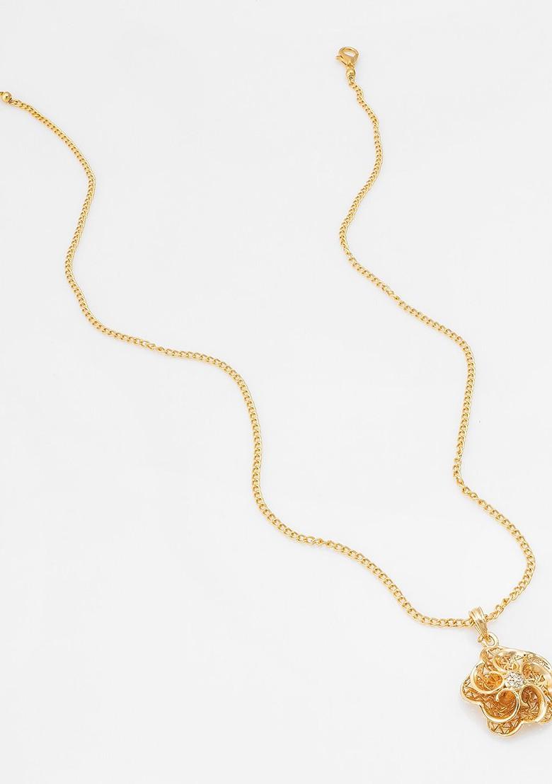 Gold Plated Stone Studded Flower Shaped Pendant With Chain