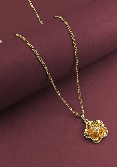 Gold Plated Stone Studded Flower Shaped Pendant With Chain