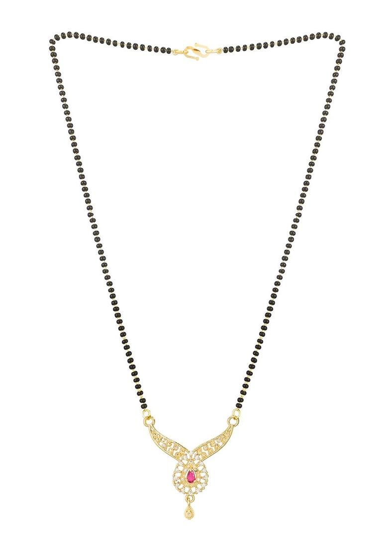 Woman Gold Plated White Stone And Black Beaded Mangalsutra