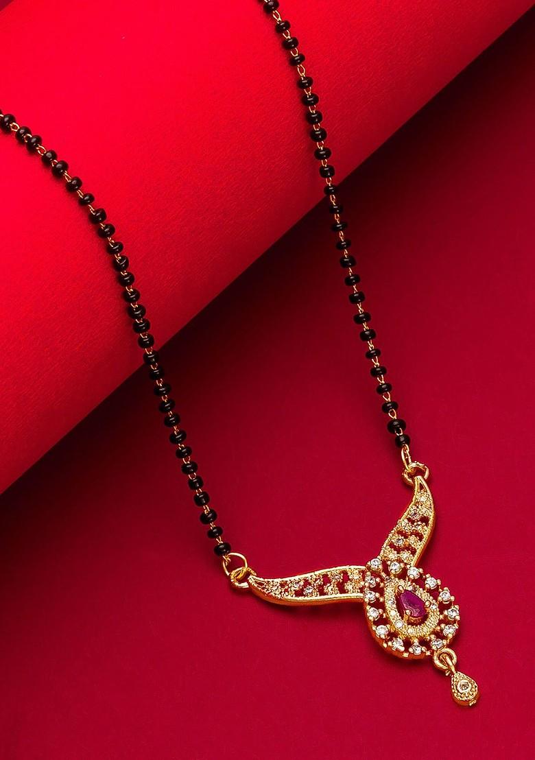 Woman Gold Plated White Stone And Black Beaded Mangalsutra