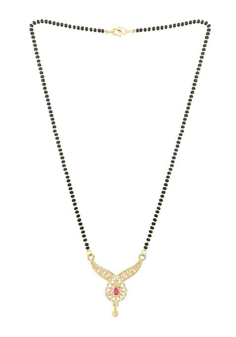 Woman Gold Plated White Stone And Black Beaded Mangalsutra