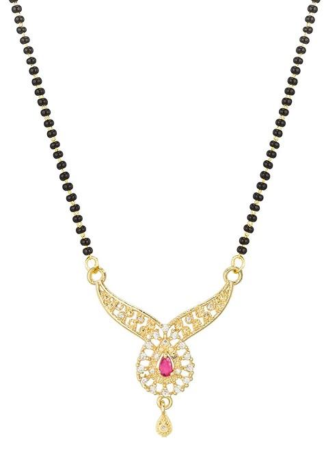 Woman Gold Plated White Stone And Black Beaded Mangalsutra