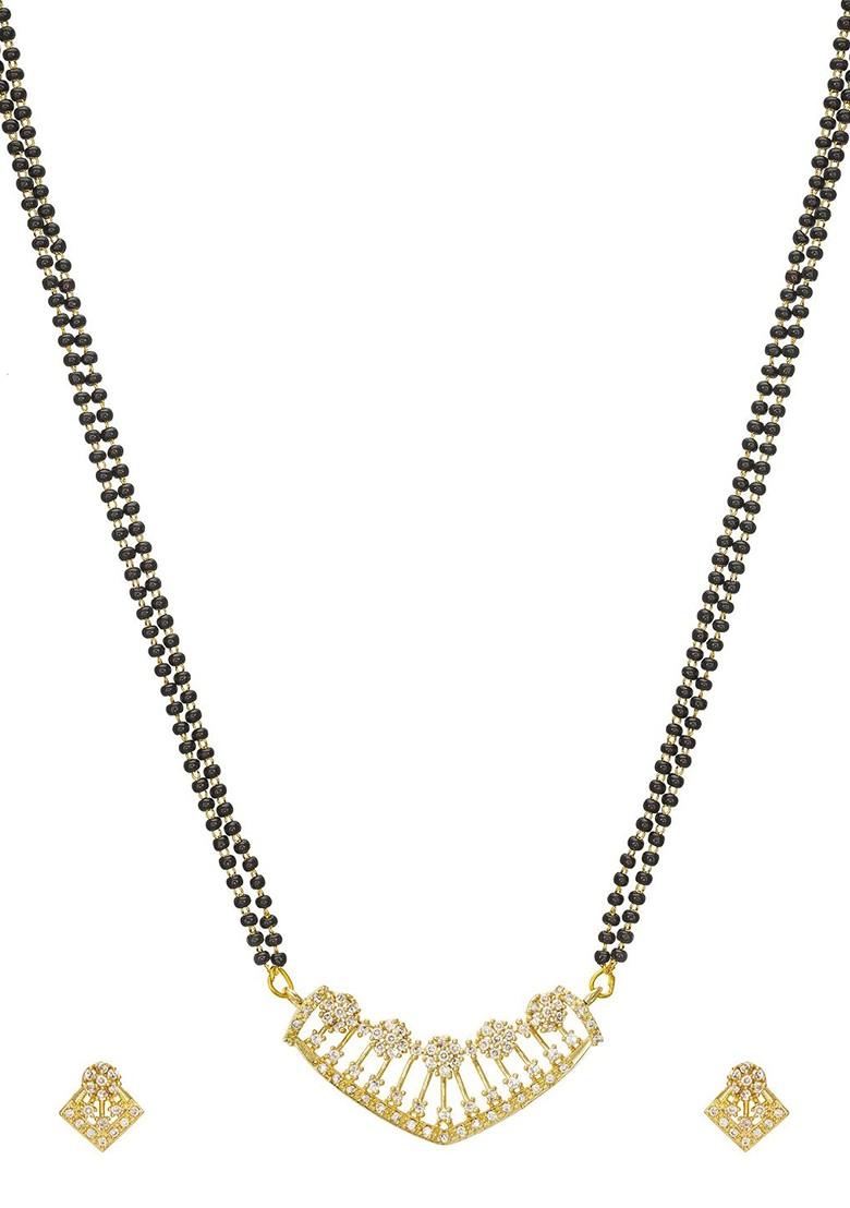 Gold Plated Black And White Ad Studded And Beaded Mangalsutra With Earrings