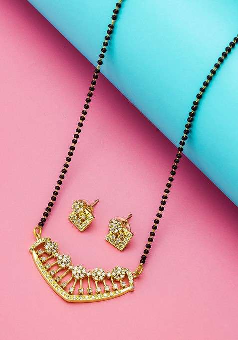 Gold Plated Black And White Ad Studded And Beaded Mangalsutra With Earrings