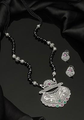 Silver Oxidized Silver Toned And Black Stone Studded Tribal Mangalsutra With Earrings