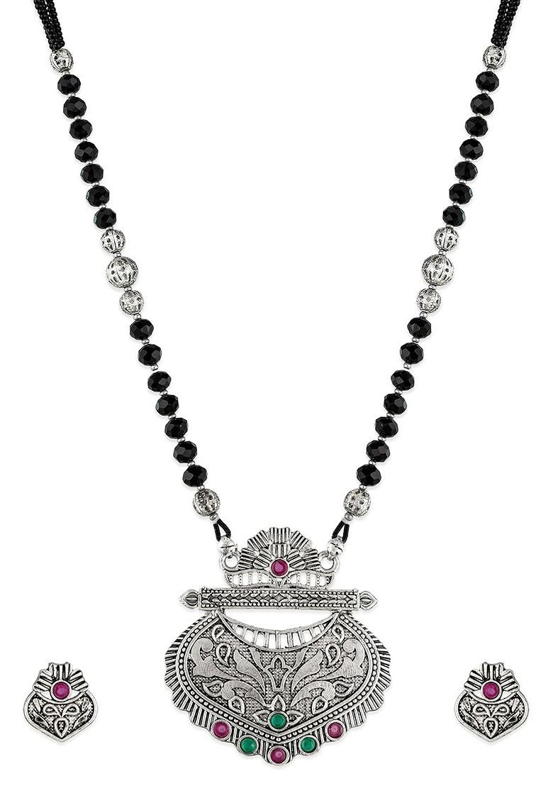 Silver Oxidized Silver Toned And Black Stone Studded Tribal Mangalsutra With Earrings