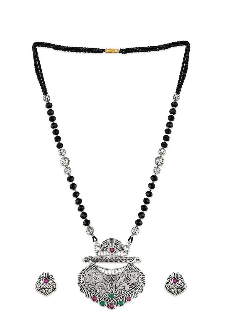 Silver Oxidized Silver Toned And Black Stone Studded Tribal Mangalsutra With Earrings