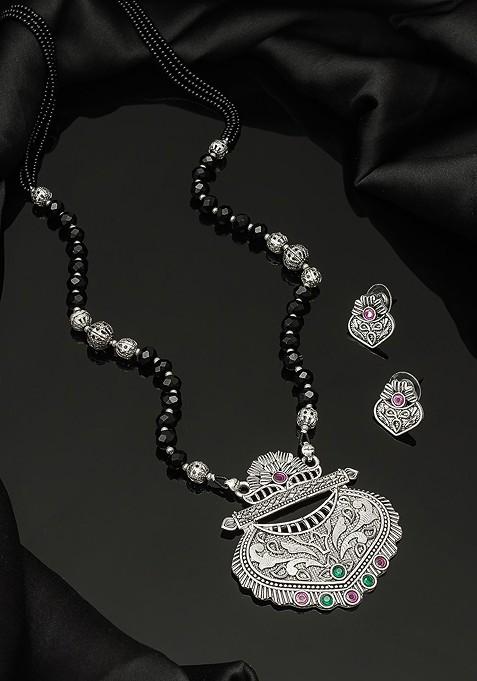 Silver Oxidized Silver Toned And Black Stone Studded Tribal Mangalsutra With Earrings