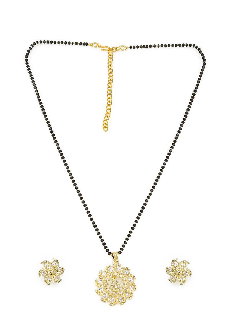 Gold Plated Black And White Ad Studded Beaded Mangalsutra