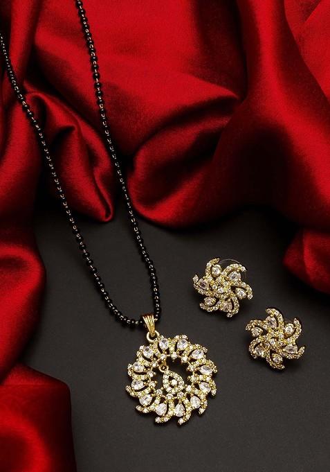 Gold Plated Black And White Ad Studded Beaded Mangalsutra