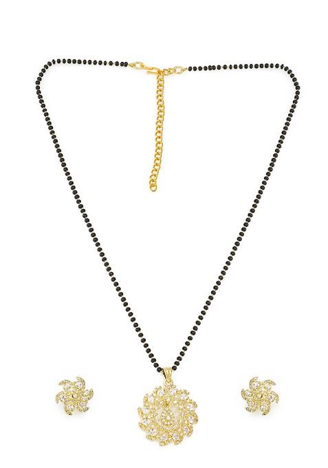 Gold Plated Black And White Ad Studded Beaded Mangalsutra