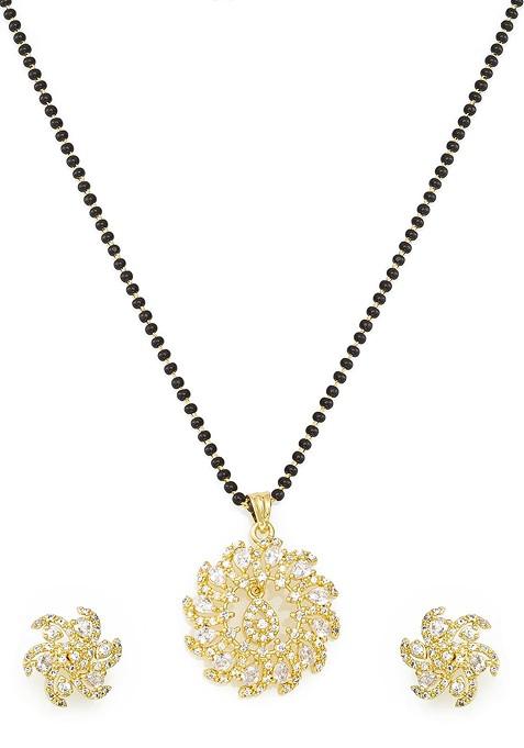 Gold Plated Black And White Ad Studded Beaded Mangalsutra