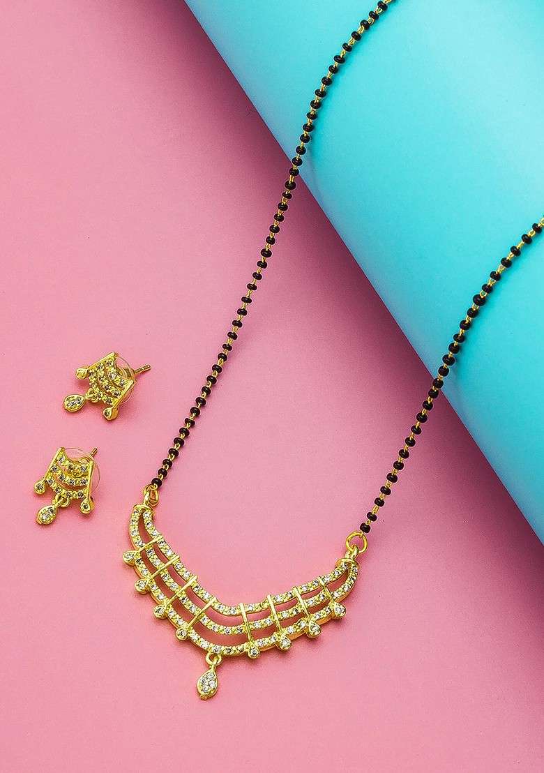 Gold Plated Black And White Ad Studded And Beaded Mangalsutra With Earrings - Indya