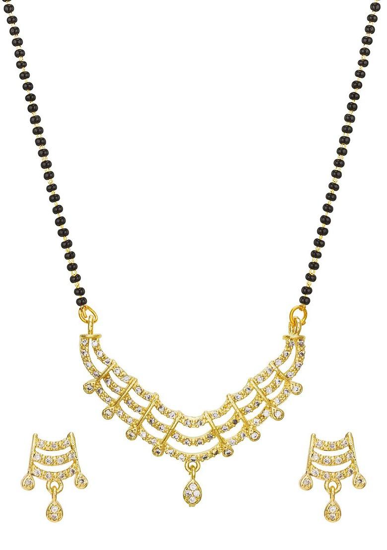 Gold Plated Black And White Ad Studded And Beaded Mangalsutra With Earrings