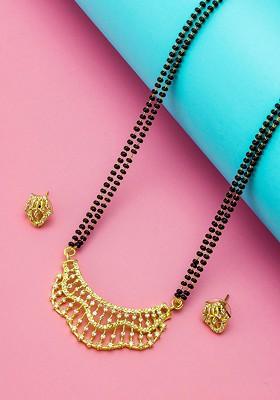 Gold Plated Black And White Ad Studded And Beaded Mangalsutra With Earrings