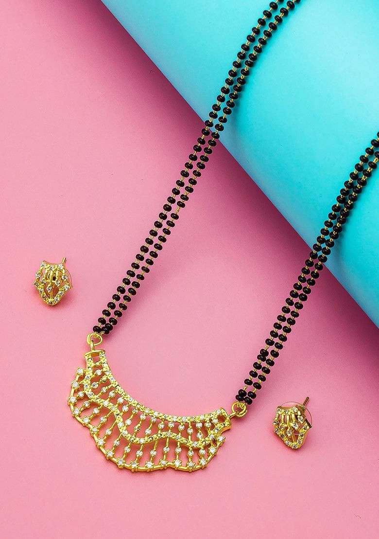 Gold Plated Black And White Ad Studded And Beaded Mangalsutra With Earrings - Indya