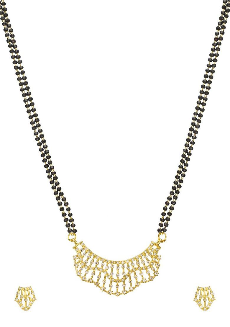 Gold Plated Black And White Ad Studded And Beaded Mangalsutra With Earrings