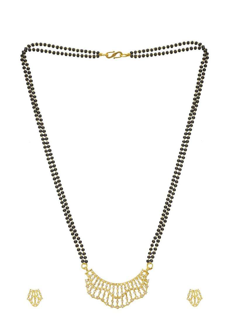 Gold Plated Black And White Ad Studded And Beaded Mangalsutra With Earrings - Indya