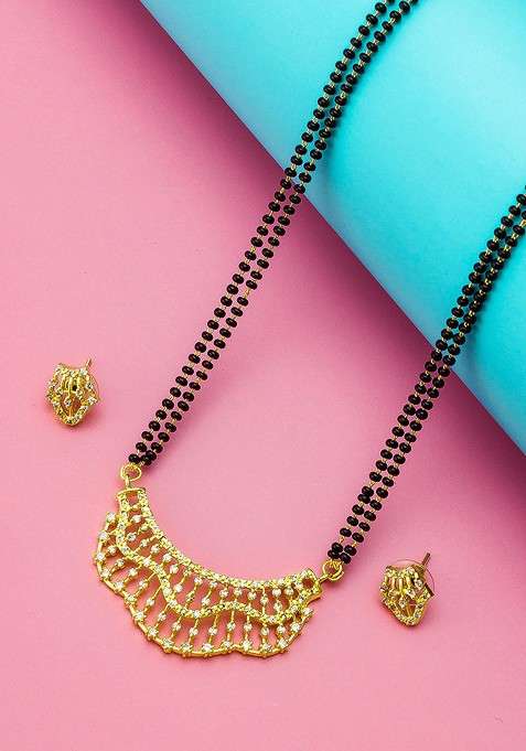 Gold Plated Black And White Ad Studded And Beaded Mangalsutra With Earrings