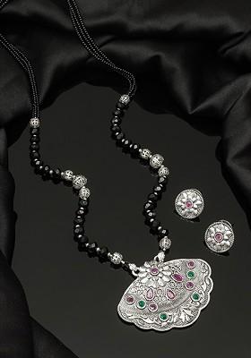 Silver Oxidized Silver Toned And Black Stone Studded Tribal Mangalsutra With Earrings
