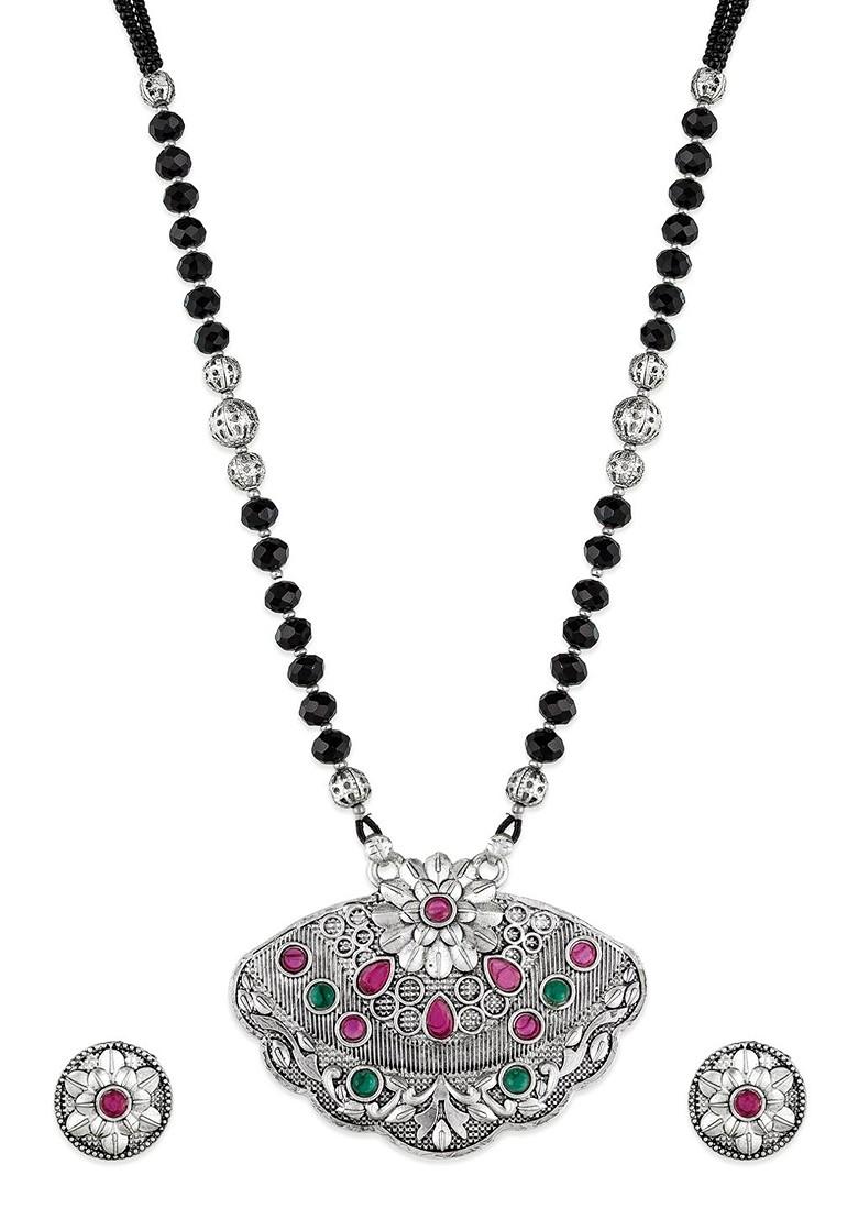Silver Oxidized Silver Toned And Black Stone Studded Tribal Mangalsutra With Earrings