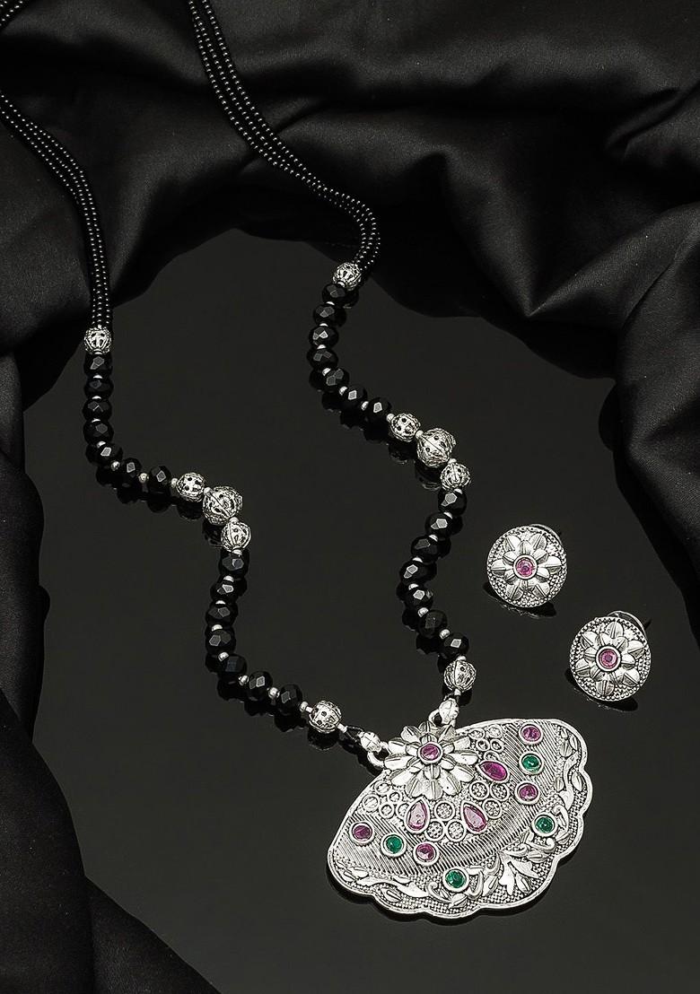 Silver Oxidized Silver Toned And Black Stone Studded Tribal Mangalsutra With Earrings