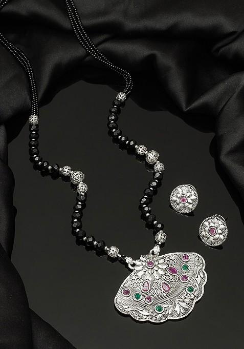 Silver Oxidized Silver Toned And Black Stone Studded Tribal Mangalsutra With Earrings
