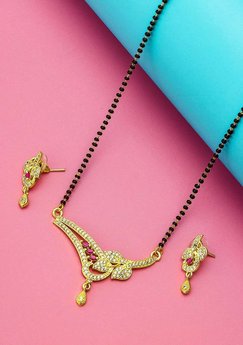 Gold Plated Black And White Ad Studded And Beaded Mangalsutra With Earrings - Indya