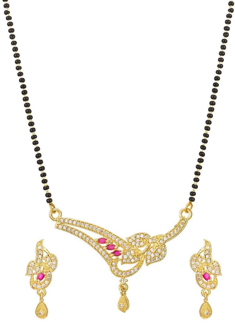 Gold Plated Black And White Ad Studded And Beaded Mangalsutra With Earrings - Indya