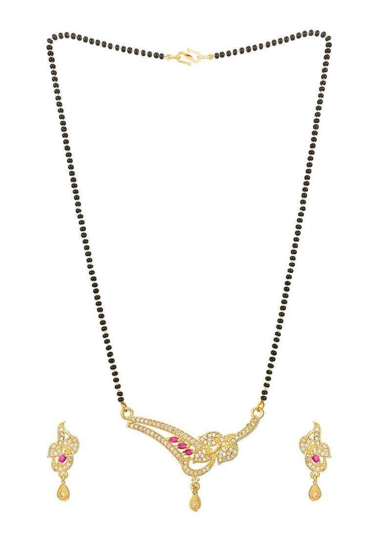 Gold Plated Black And White Ad Studded And Beaded Mangalsutra With Earrings
