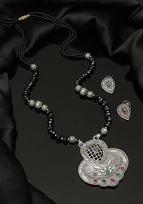 Silver Oxidized Silver Toned And Black Stone Studded Tribal Mangalsutra With Earrings