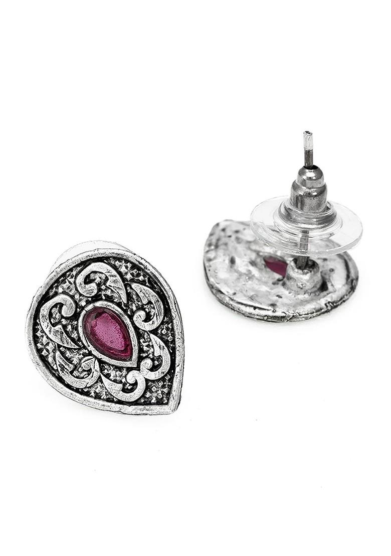 Silver Oxidized Silver Toned And Black Stone Studded Tribal Mangalsutra With Earrings