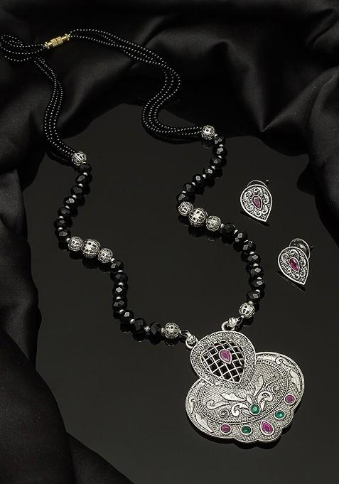 Silver Oxidized Silver Toned And Black Stone Studded Tribal Mangalsutra With Earrings