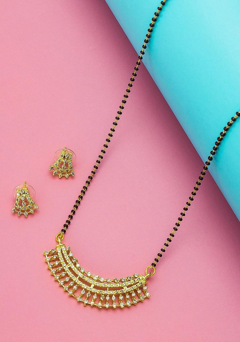 Gold Plated White And Black Ad Studded And Beaded Mangalsutra With Earrings
